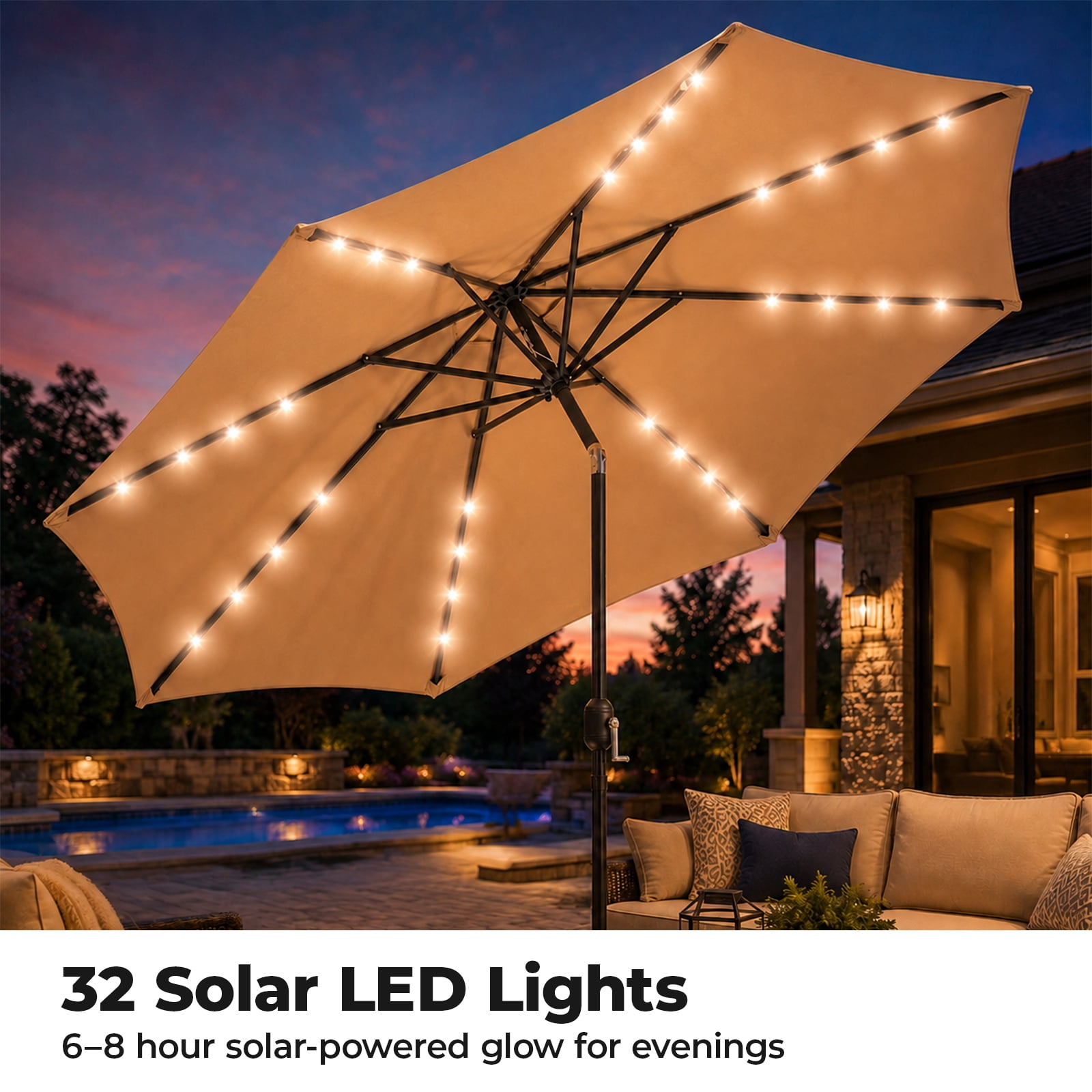 Alvantor 10ft Solar LED Lighted Patio Umbrella, Table Umbrella with 32 Lights, Push Button Tilt, UV-Resistant Canopy, for Deck, Garden, Pool, Café