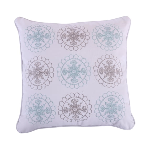 Levtex Home - Spruce Spa - Decorative Pillow (18 x 18in.) - Embroidered Medallion - Baby blue, Grey, White