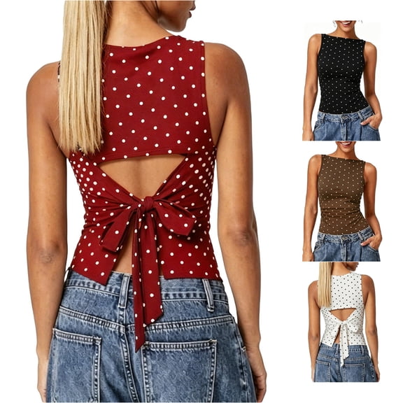 xfsWaSs Polka Dot Tank Tops for Women Boat Neck Sleeveless Blouses Womens Tank Tops Slim Fitted Tie Back Vest Vintage Going Out Top
