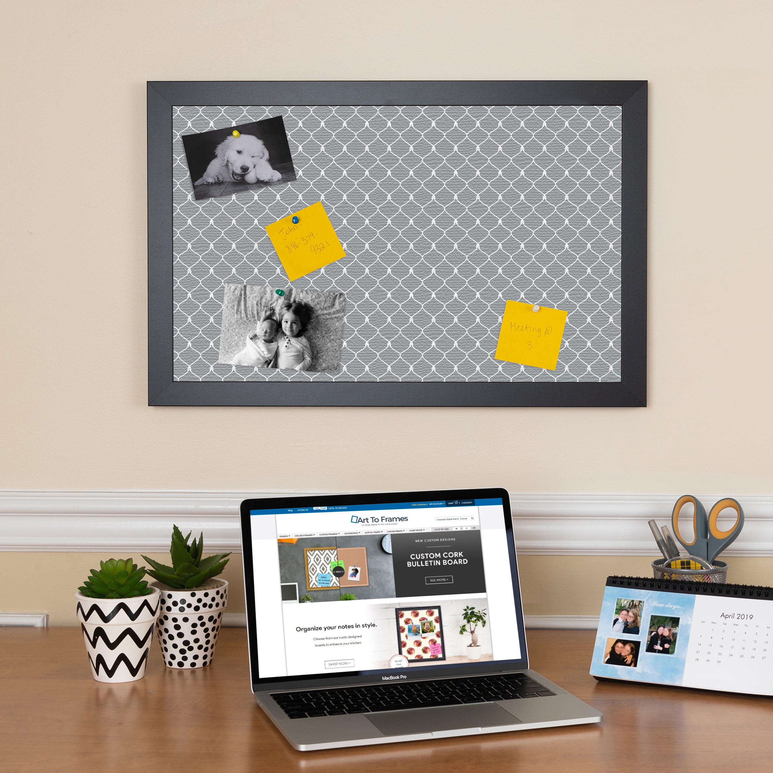PinPix ArtToFrames 10x16 Custom Cork Bulletin Board Grey Chain Poster Board Has a Fabric Style Canvas Finish, Framed in Satin Black (PinPix-570)