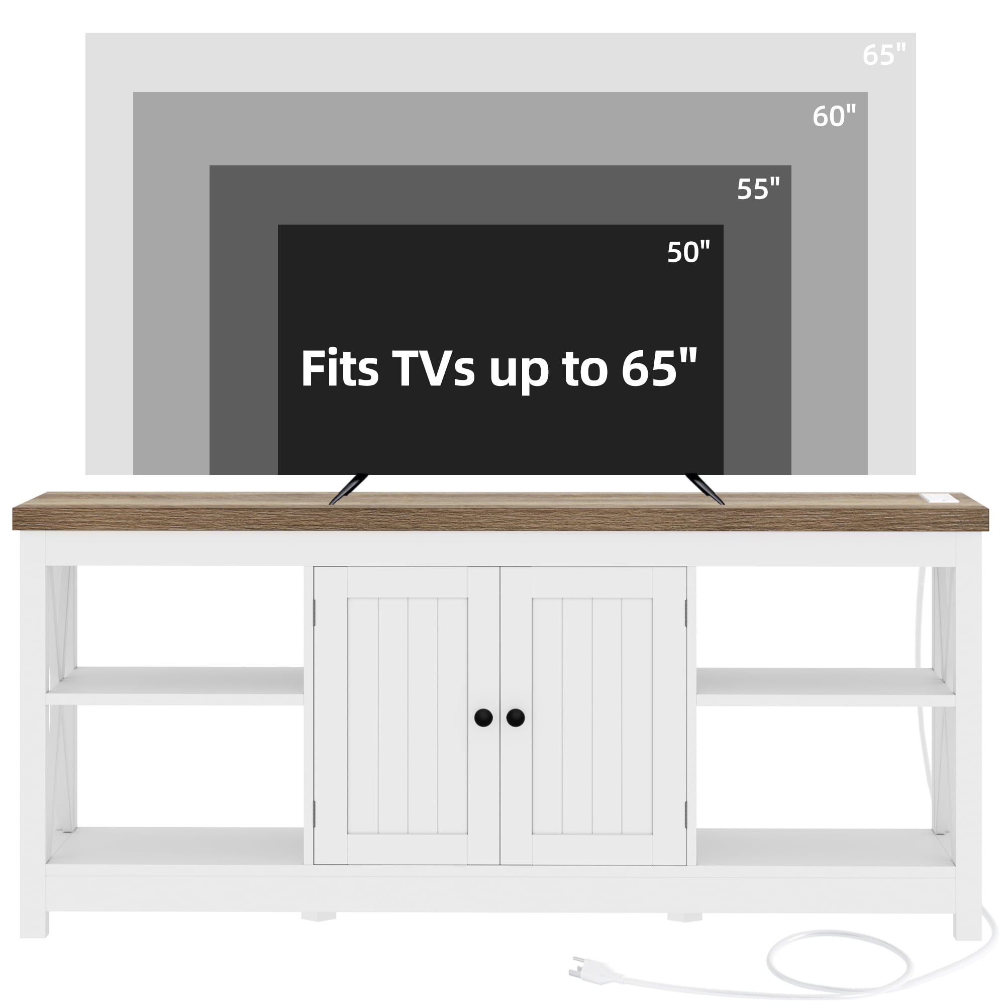 Dextrus White TV Stand up to 65 Inches w/Power Outlets, Farmhouse Entertainment Center Cabinet with Storage for Living Room