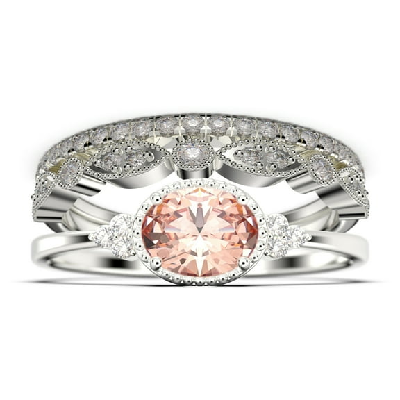 Gorgeous Art Nouvea 2.40 Carat Oval Cut Morganite And Diamond Moissanite Affordable Engagement Ring, Dainty Morganite Wedding Ring, Two Matching Band In 10K Solid White Gold Gift For Her, Promise Ring