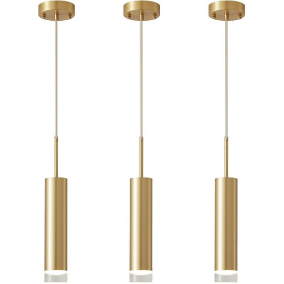 KCO Lighting 3 Pack Industrial Gold LED Long Tube Pendant Light, Mid Century Modern Bushed Brass Mini Cylinder Hanging Ceiling Light Fixtures