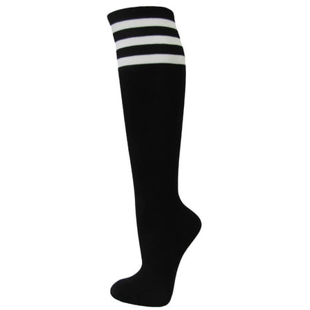 - Couver Ladies Girls Triple Stripes Vivid Colorful Knee High Fashion Casual Tube Cotton Socks, Black / White