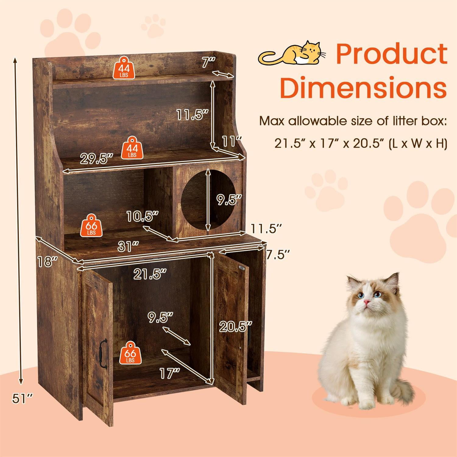Pefilos Modern Wooden Cat Litter Box Enclosure, Storage Shelves & Cat Condo, Industrial Style, Brown
