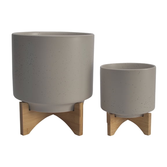 Sagebrook Home Ceramic Set Of 2 8/10" Planter With Wood Stand, Matte Beige