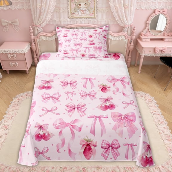 Erosebridal Strawberry Cherry Bowknot Twin Sheet Sets for Girls Women, Cute Princess Style Bedding, 3-Piece