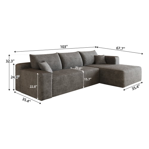 103" Cloud Sectional Sofa, Modern L Shaped Deep Seat Couch, Plush Corduroy Upholstered Sofa No Assembly, Living Room