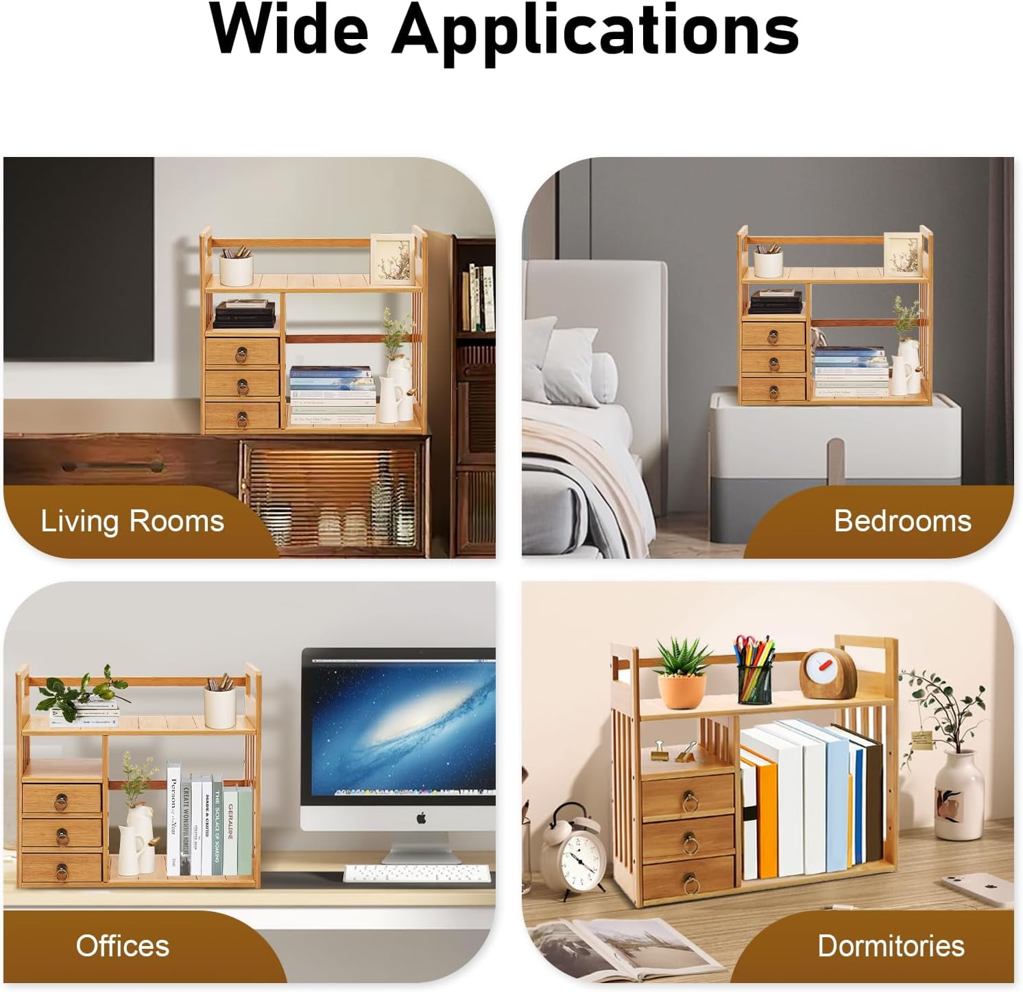 3-Tier Bamboo Desktop Storage Shelf Desk Storage Hutch 3 Drawers Desktop Display Rack Office Storage Rack for Home Office Dorm