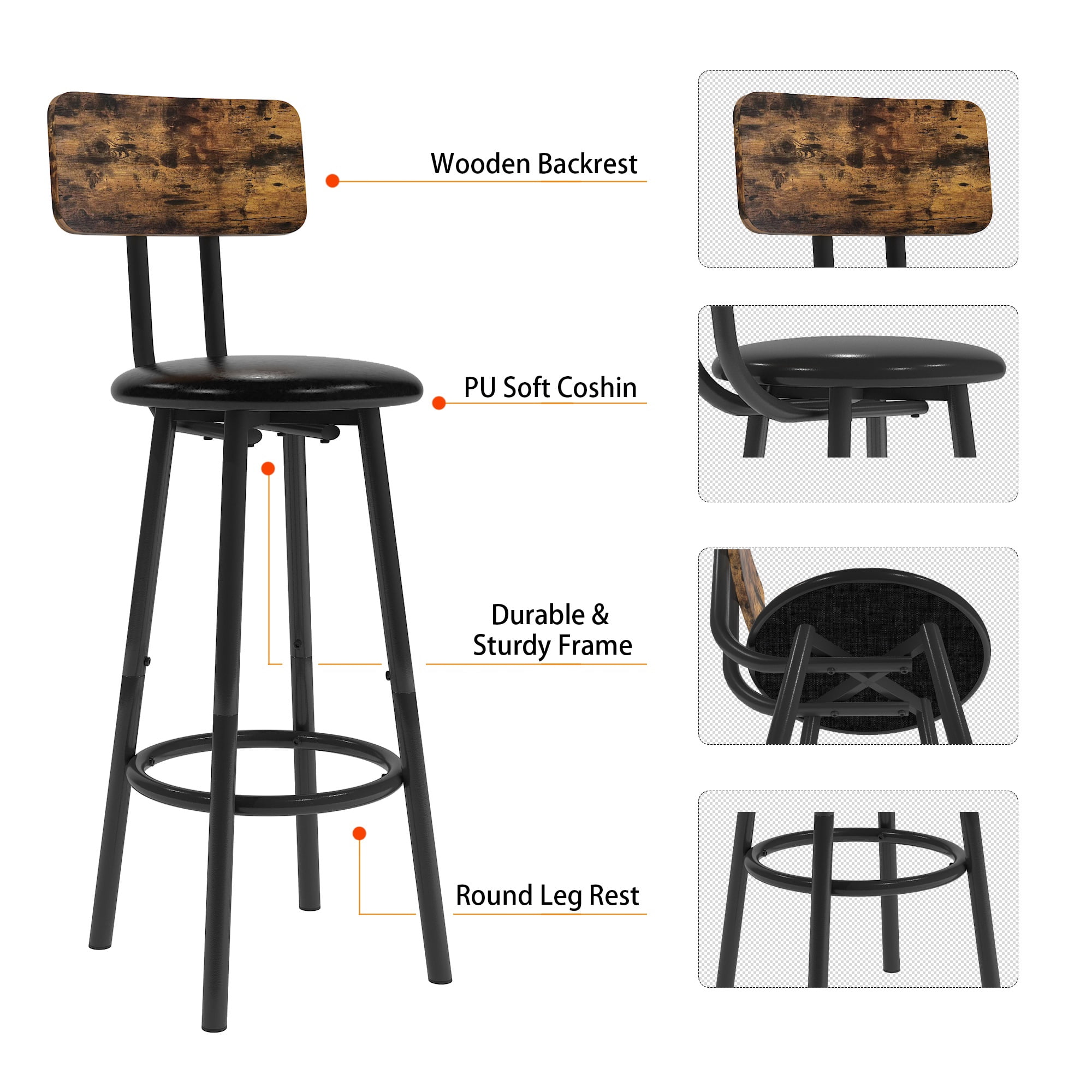 PORKISS Counter Height Dining Set for 4, Breakfast Bar Table Set with Table and 4 Leather Cushion Chairs, Wood Top Pub Table & Chair Set for Kitchen Apartment Bistro, Brown
