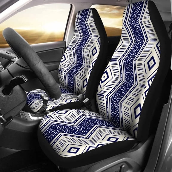 Colorful Aztec Blue And White Design Pack of 2 Universal Front Seat Protective Cover