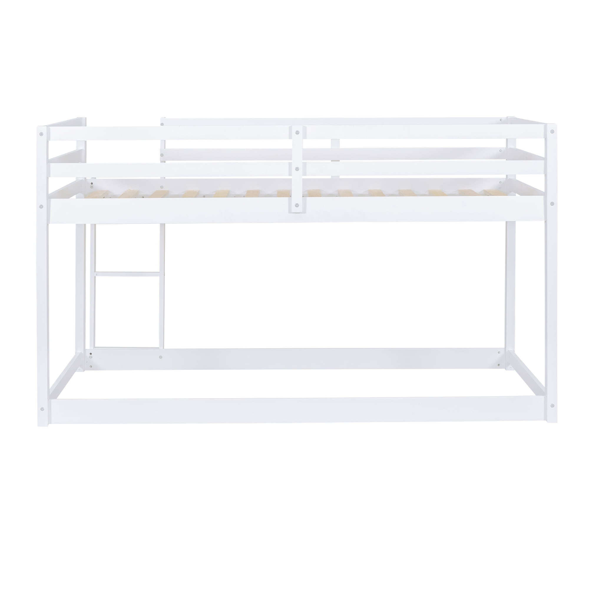 Euroco Twin over Twin Floor Bunk Beds with Ladder and Guardrail for Kids Teens, White