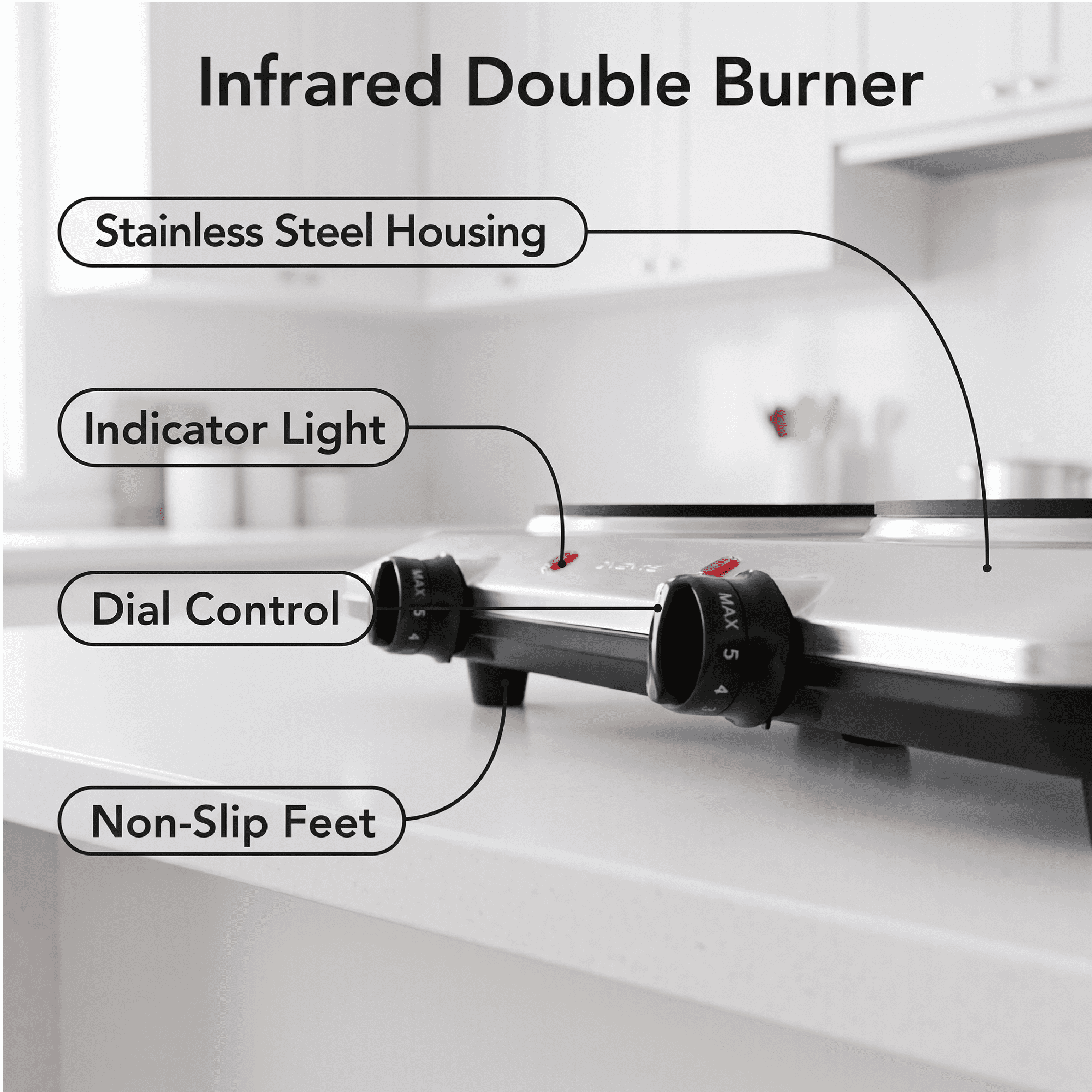 OVENTE Electric Infrared Double Burner, 6 Heat Levels, Silver BGI202S | 1500W Hot Plate w/ 7.5” Ceramic Glass Cooktop, Easy to Clean Stainless Steel Base, Compact Stove for Home, Dorm, Office