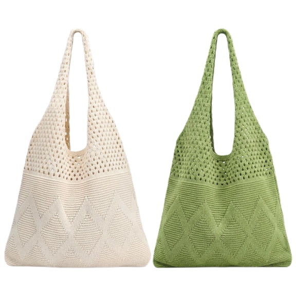 2Pcs Crochet Mesh Beach Tote Bags, Summer Foldable Aesthetic Shoulder Boho Knit Bag for Women Casual Vacation Essentials