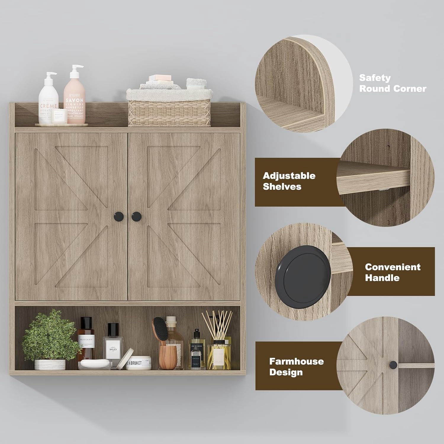 POAO Bathroom Wall Storage Cabinet, Wooden Medicine Cabinet with Adjustable Shelves and Double Barn Doors, Over The Toilet Storage Cabinet, Oak Grey