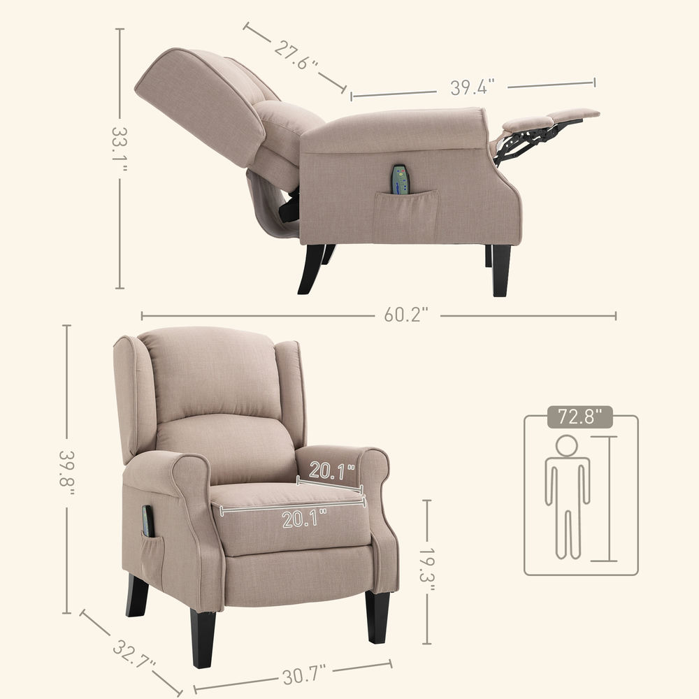 Demi Bonn Vibration Massage Recliner Chair for Elderly with Heat, Remote Controls, Modern Linen Fabric Push Recliner Chair for Adults with Footrest, Side Pocket, Beige