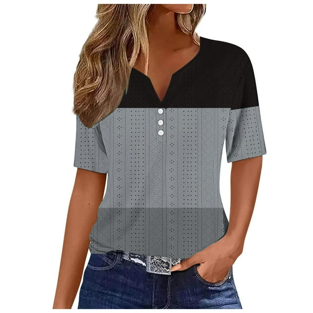 Timegard Eyelet Top for Women V Neck Button Short Sleeve Blouse Casual Loose Color Block Tee Shirts