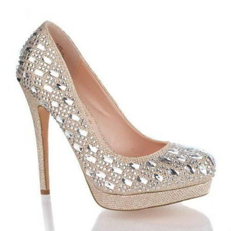 Jennifer23 by De Blossom Collection, Glitter Mesh Rhinestone Studded 3D Platform Pump Dress Sandal