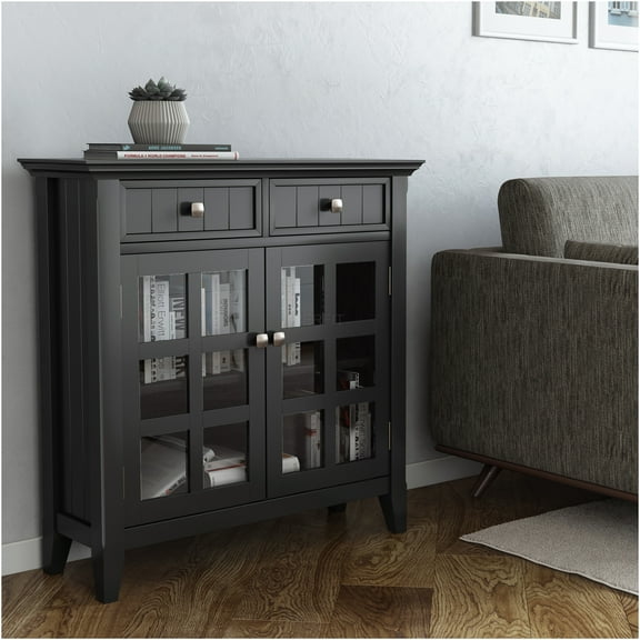 JERFIT Black Entryway Storage Cabinet with Glass Doors, Wood Console Table with Drawers for Hallway, Living Room & Office