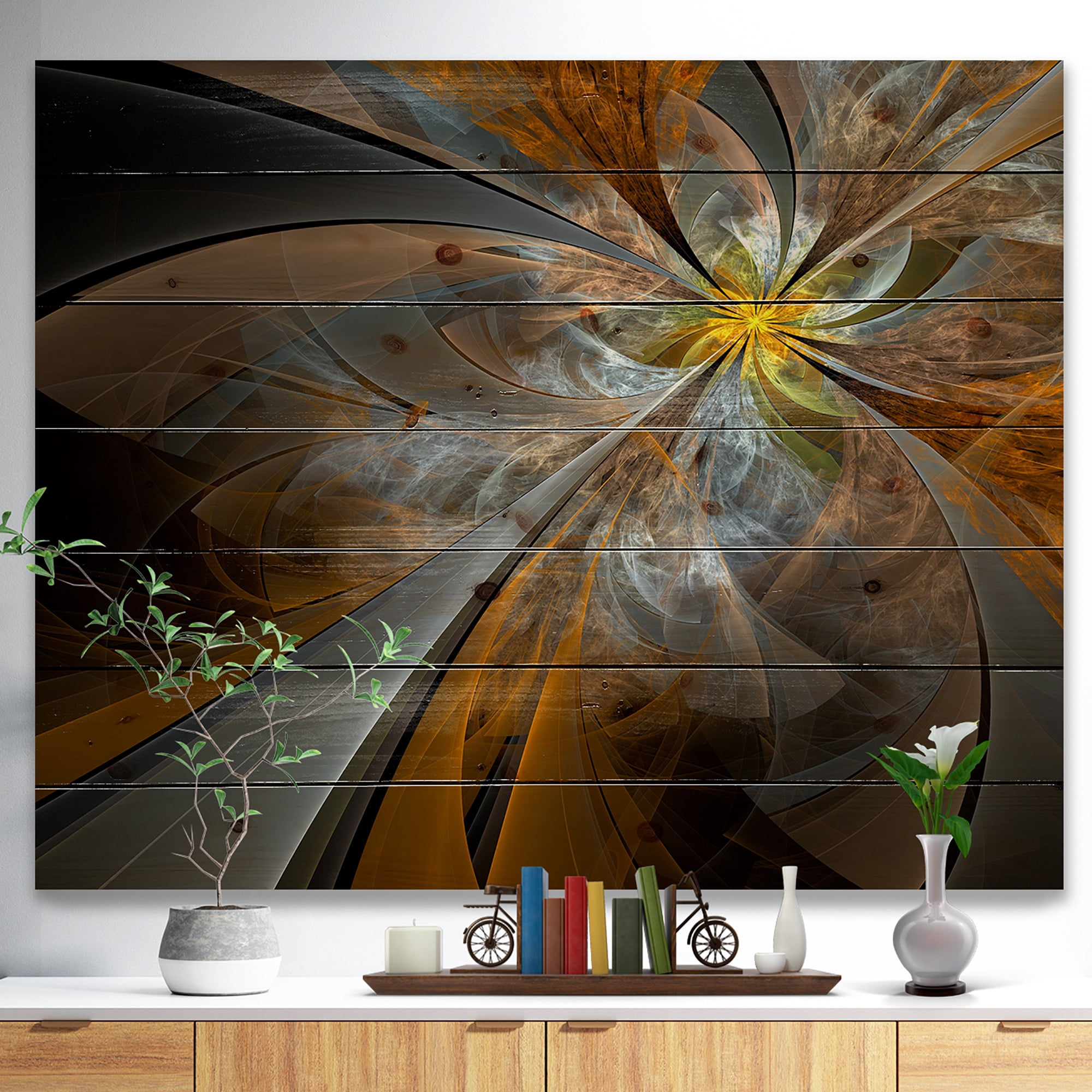 Designart Symmetrical Yellow Fractal Flower Floral Print on Natural Pine Wood Art Print, 40" x 30"