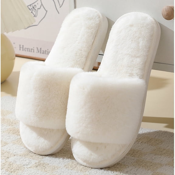 Women's Fuzzy Slippers with Memory Foam Comfy Faux Fur Anti-Skid Sole Slippers for Women Bedroom House Open Toe