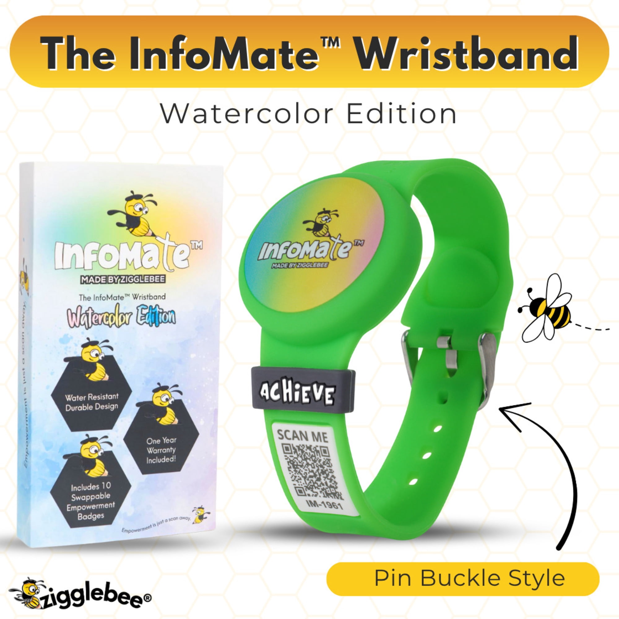 InfoMate by Zigglebee QR Code Medical Bracelet and AirTag Holder Wristband, Lime Green, Pin Buckle
