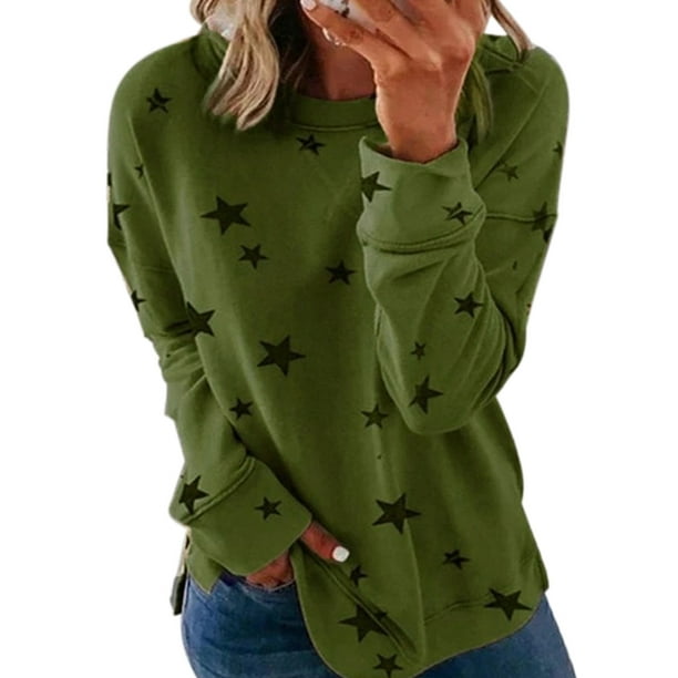 Camisa con estampado de estrellas para mujer, camiseta de manga larga con cuello redondo de otoño, túnica informal holgada, blusa