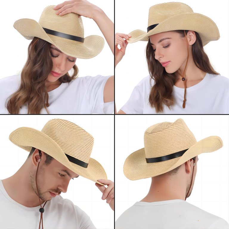 Womens Straw Cowboy Hat Western Beach Sun Hat for Men Wide  display picture 3