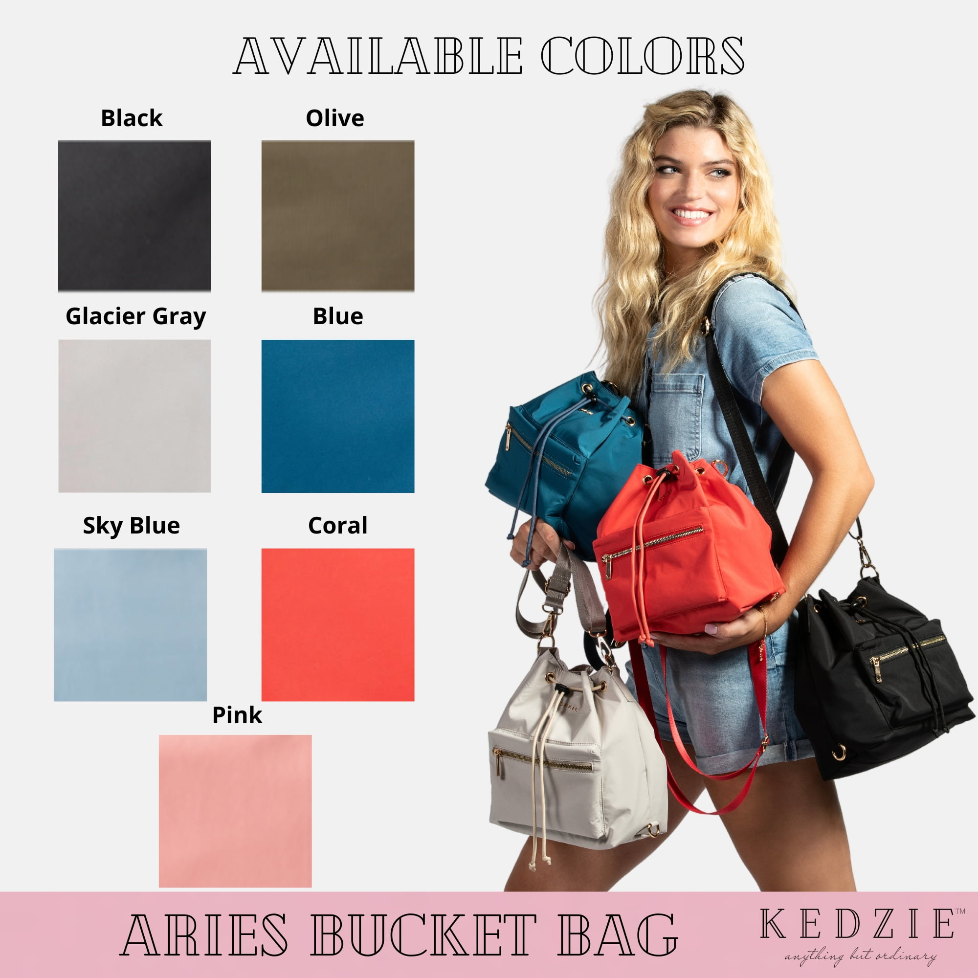 Kedzie Aries Convertible Bucket Bag 3-Way Backpack Crossbody Strap Purse, Coral (Women's)
