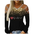 thumbnail image 1 of Gibobby Camisa De Invierno Top informal con estampado de de imitación para mujer, camiseta de manga larga con escote en V y hombros descubiertos, blusa（Dorado， S), 1 of 5