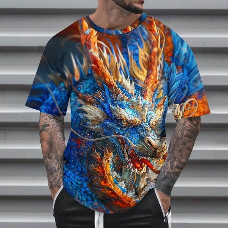 YLSDL Men's 3D Dragon Shirts Round Neck Tops Big & Tall Slim
