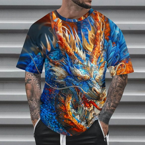 Yaoyar Patriot Summer Fashion Casual Men's Round Neck dragon Printed T-shirt Top Multicolor,L
