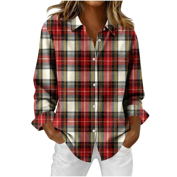 ZUKMRJPC Womens Vintage Plaid Shirts Soft Lightweight Button Down Collared Shirt Loose Fit Business Casual Work Tops