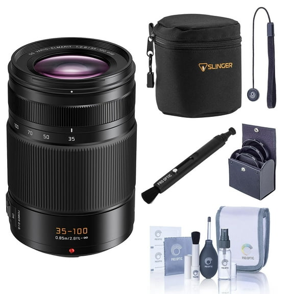 Panasonic Leica DG Vario-Elmarit 35-100mm f/2.8 Lens, Bundle with Small Lens Case, 58mm Filter Kit, Lens Cleaner, Cleaning Kit and Lens Cap Tether