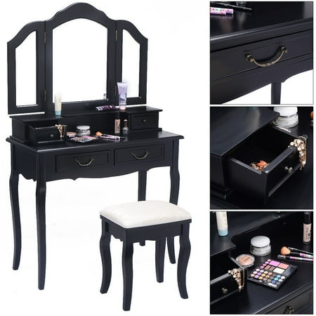 Tri Folding Mirror White Wood Vanity Set Makeup Table Dresser 4
