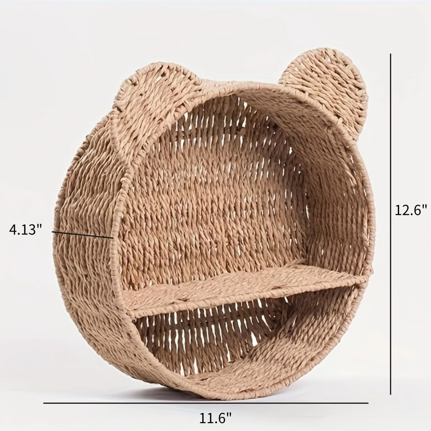 12.6-inch Bear Rattan Shelf, Handwoven Wicker Rack Round Shelf for Wall, Wall-Mounted Floating Display Shelf Organizer for Small Books, Toys & Decor