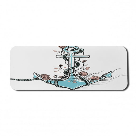 Anchor Computer Mouse Pad, Romantic Boho Design Sketch of an Old Anchor with Roses Black Ink Style, Rectangle Non-Slip Rubber Mousepad Large, 31" x 12" Gaming Size, Pale Blue Pale Coral, by Ambesonne