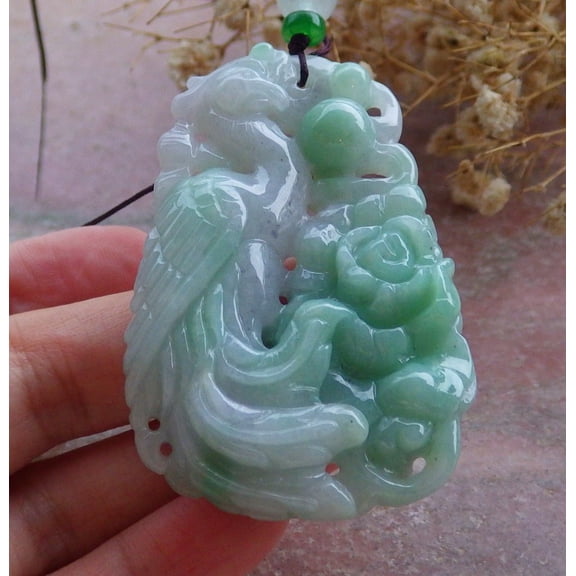 Certified Green Burma 100% Natural A Jade jadeite Pendant Phoenix Flower Ruyi Bead Necklace 661424 TN