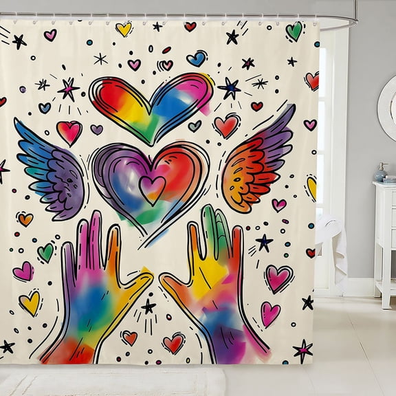 Manfei Cartoon Rainbow Love Shower Curtain 72Wx72L, Watercolor Graffiti Art Bathroom Curtain, Cream Blue