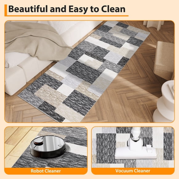 Tapis Coureur Moderne 2 x 6 à Patchwork Géométrique pour Couloir avec Endos Antidérapant, Tapis Lavable à Poils Courts, Tapis Coureur Contemporain Pliable pour Cuisine, Chambre, Buanderie, Gris Camel