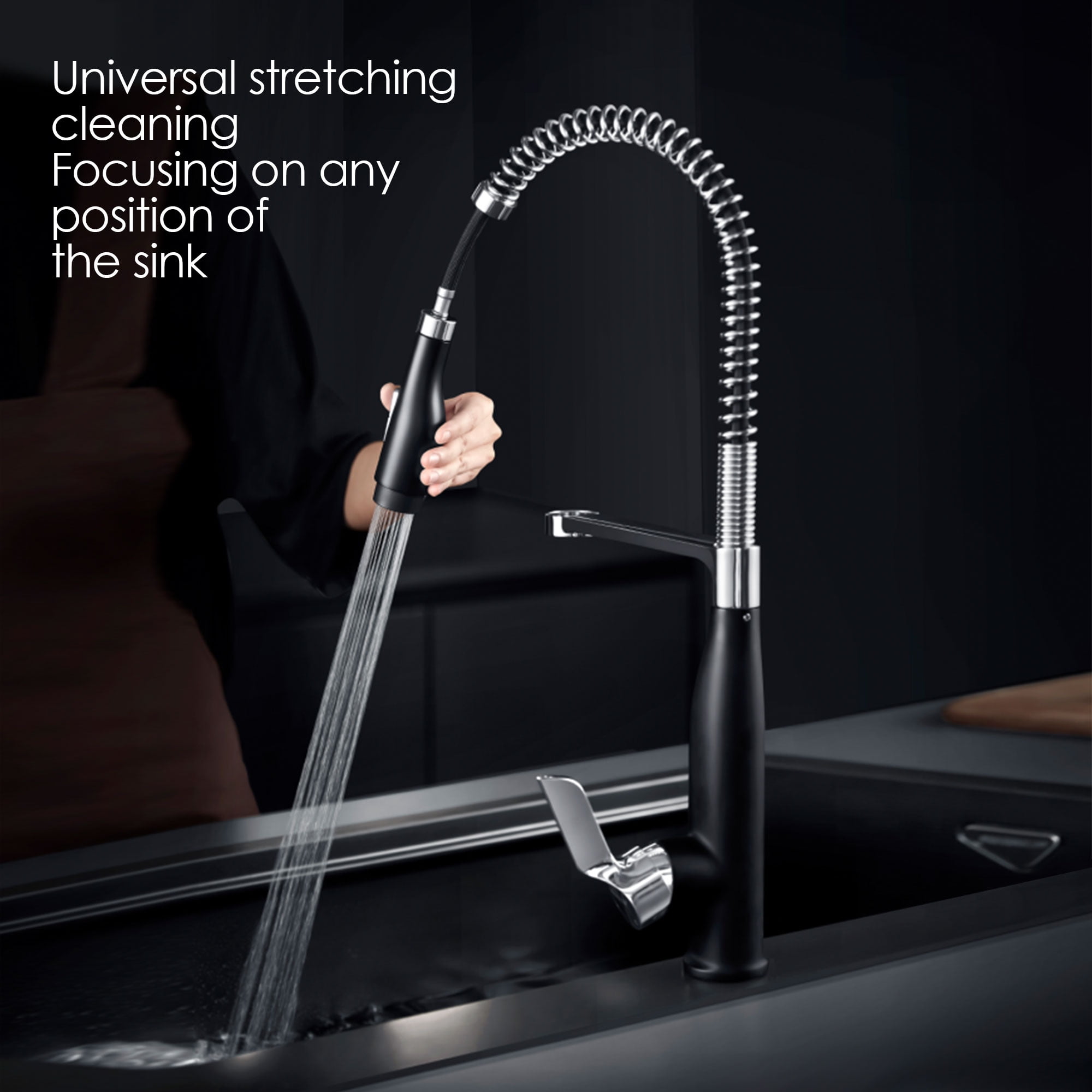 HIGOLD BN3.0 Pull Down Kitchen Faucet with Spring Neck Design, Stainless Steel and Matte Black Finished