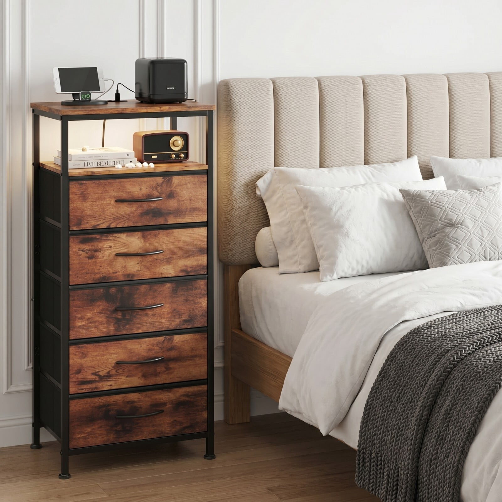Kelno 5-Drawer Nightstand with Charging Station AC Outlets LED Light Dresser Bedside Table, Rustic Brown