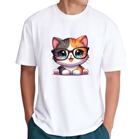 Playera Blanca Camiseta Unisex Estampada Gatito con Lentes