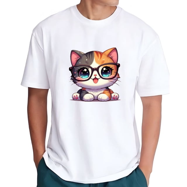 Playera Blanca Camiseta Unisex Estampada Gatito con Lentes