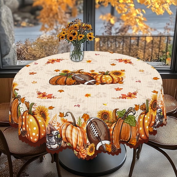 KOPOEELK Thanksgiving Football Round Table Cover, 60 Inch Washable Round Tablecloth
