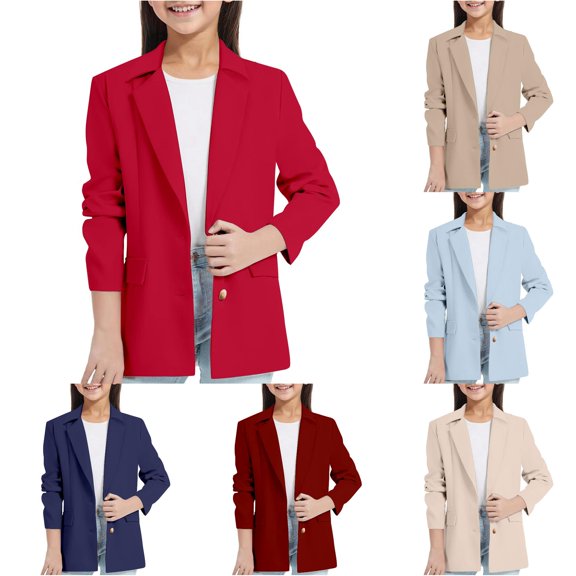WhouRiu Girls Formal Suit Jacket Solid Color Long Sleeve Notch Collar Blouse Kids Fashion Elegant Open Front Tops With Pockets,11-12 Years