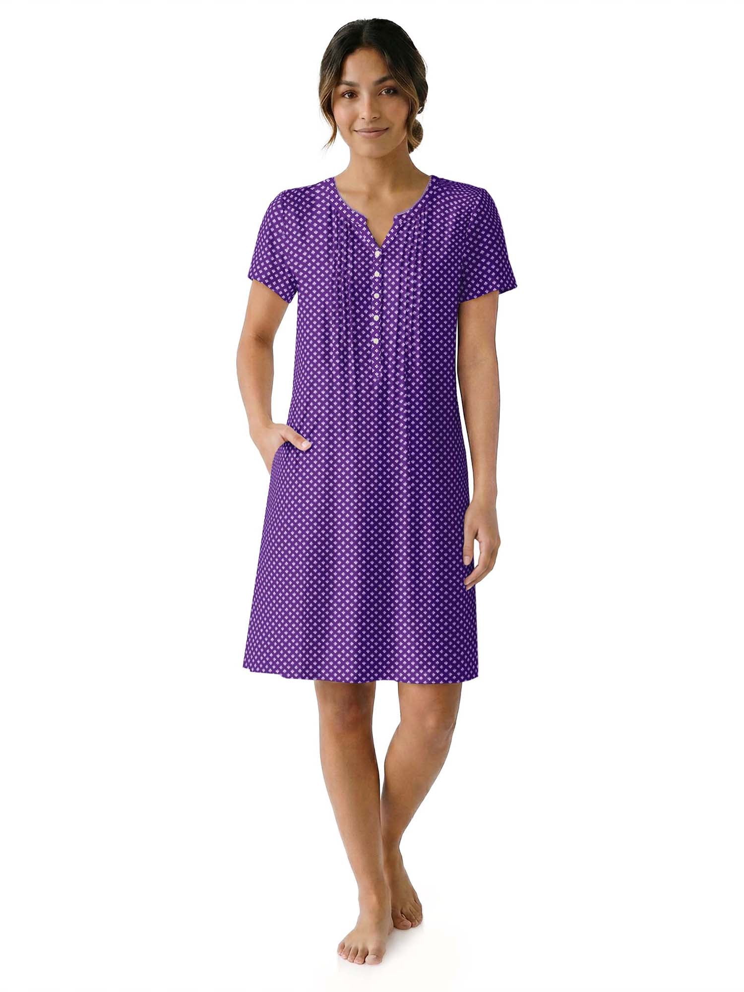 Aria Women’s Short Sleeve Split Neck Sweater Knit Nightgown, Sizes XS-5X