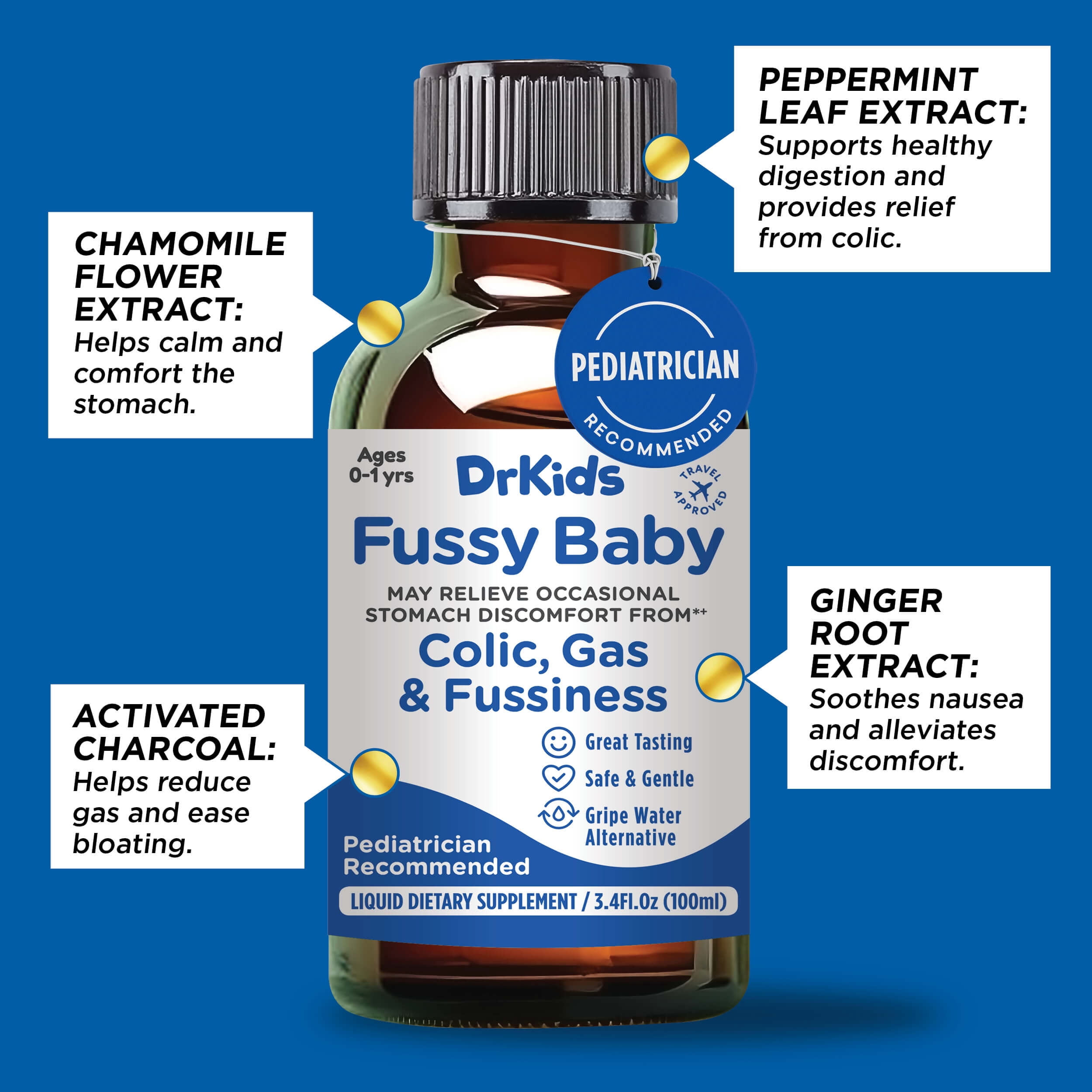 DrKids Fussy Baby Liquid Dietary Supplement, Gripe Water Alternative, 3.4 Fl. Oz. (100 ml)