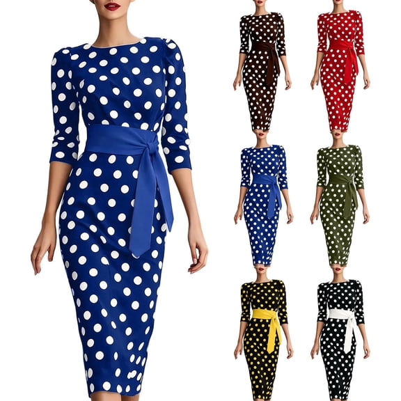 qafoshin Polka Dresses for Women Vintage Classic 3/4 Sleeve Crew Neck Midi Dress Tight Waist Trendy Dress
