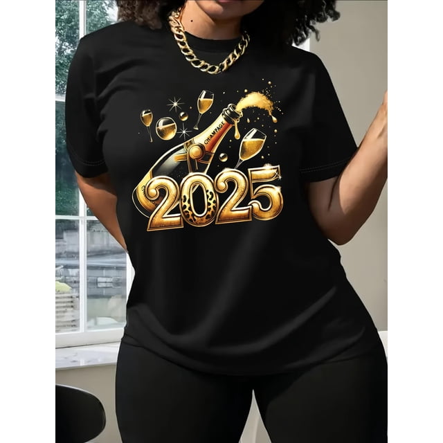 Women'S T-Shirt with 2025 Champagne Print, Crew Neck, Short Sleeves, Slight Stretch, Regular Fit, All-Season - No Chest Pad, Pullover Style Tee Tee For Adult, Men, Women, Teen, Teenager, Adolescent